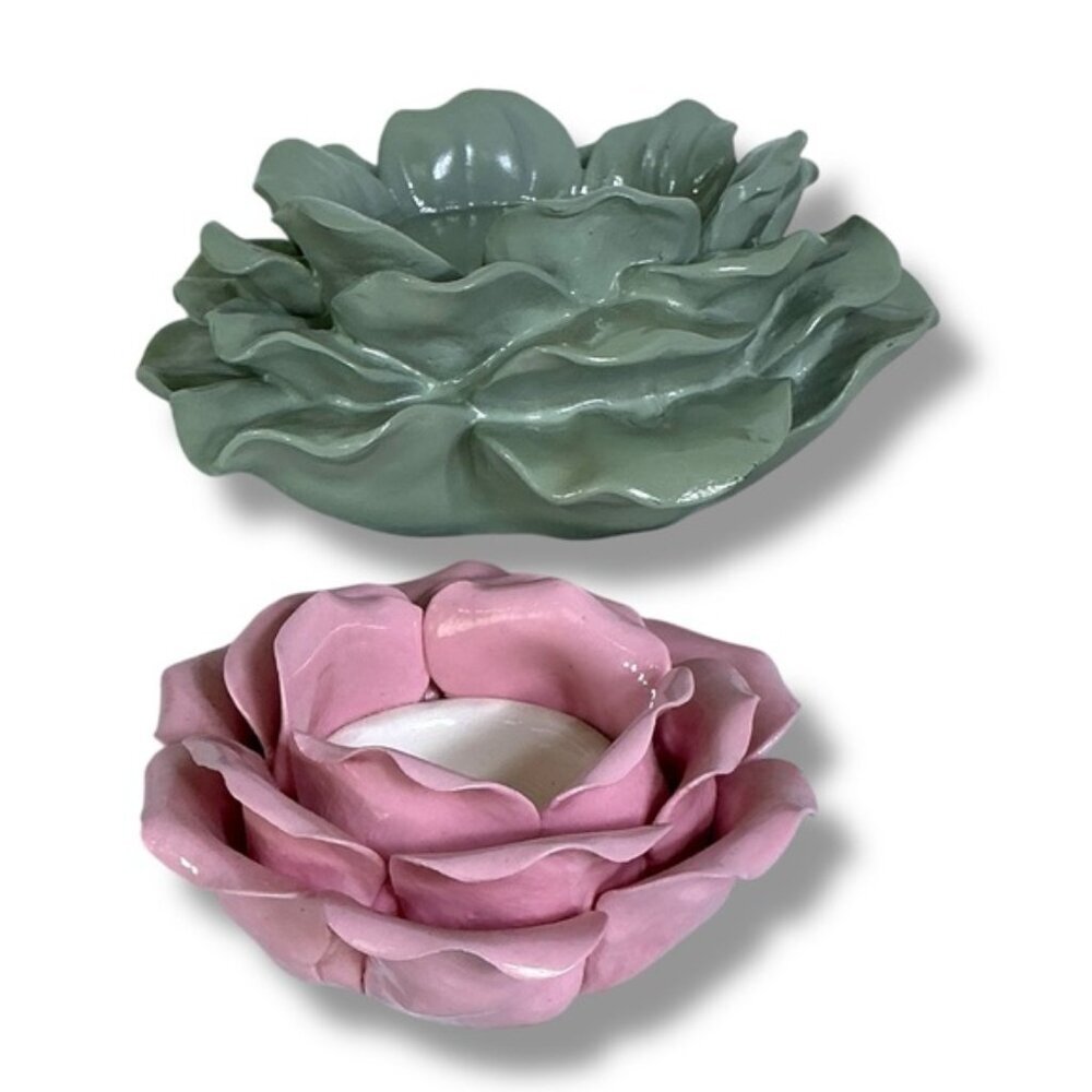 Artisan Ceramic Floral Candle Holders Green Pink Vintage Set of 2 NWOT